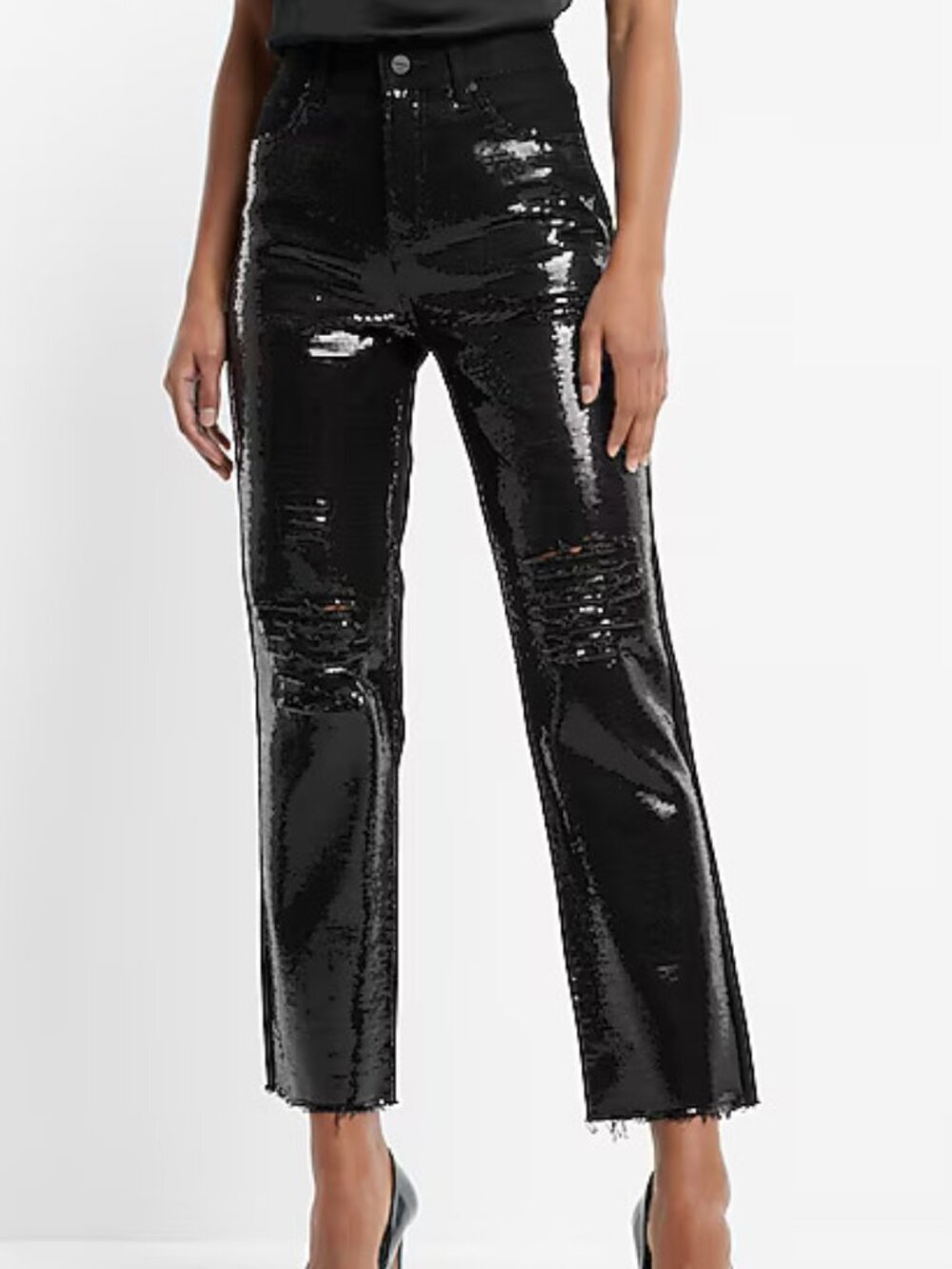 Express High Waisted Sequin Front Ripped Raw Hem Straight Ankle Jeans Womens 2